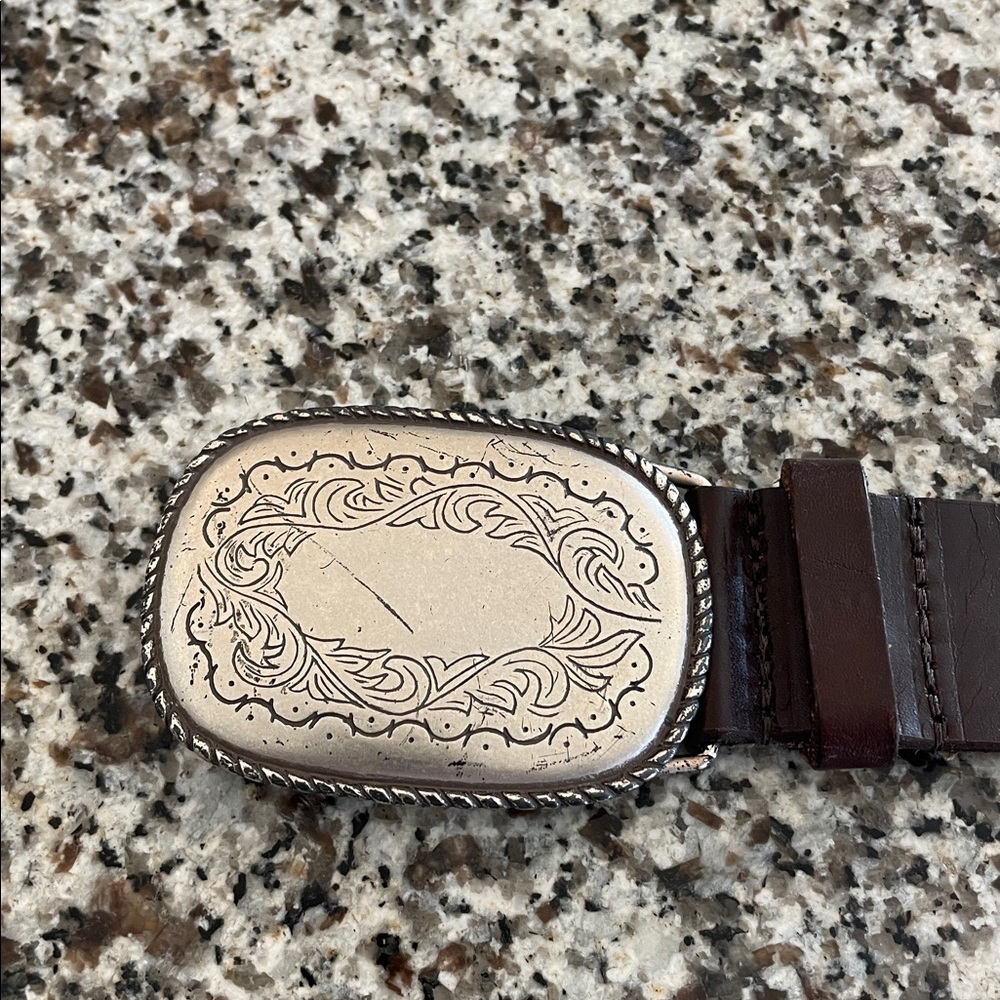 Silver Engraved Buckle with Brown Leather Belt